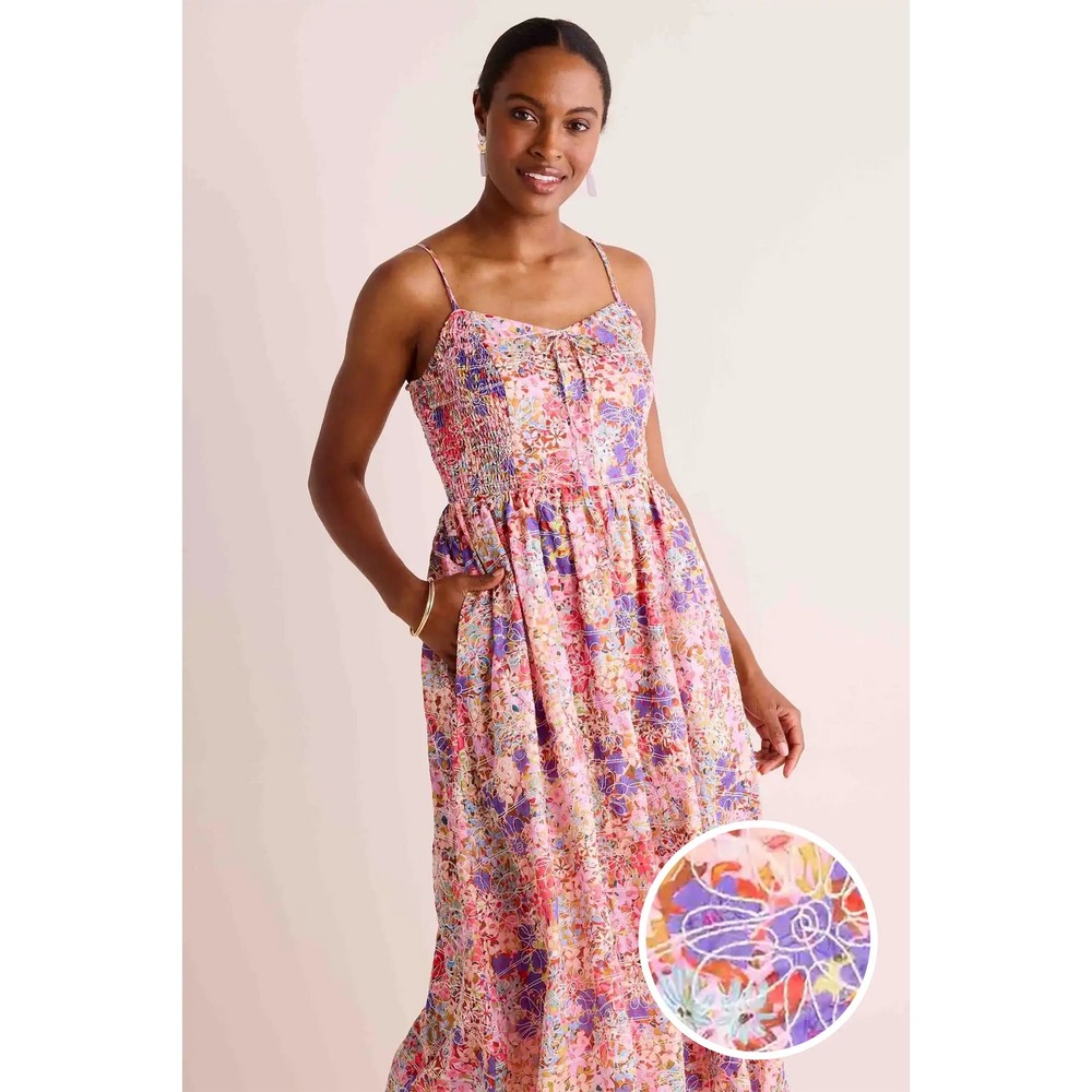 NWT Avara Just Me Iris Floral Embroidered Midi Dress Medium Smocked Cottage Boho
